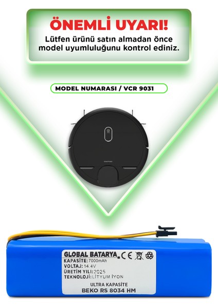 Grundig Vcr 9031 Uyumlu Robot Süpürge Bataryası 14.4V 7000MAH Li-Ion Pil (Ultra Kapasite) indirimleri