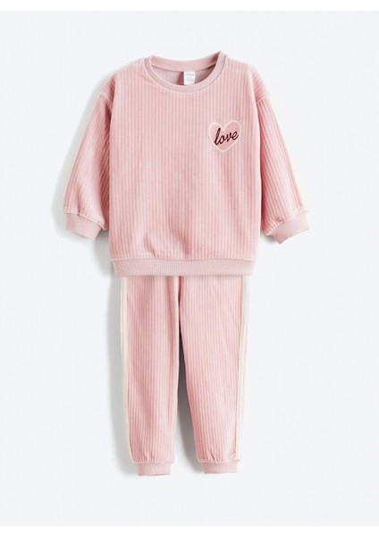 Lcw Kids Pembe Bisiklet Yaka Kız Çocuk Kadife Sweatshirt ve Eşofman Alt