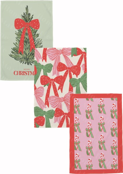 Yılbaşı & Christmas Desenli Tek Taraf Baskılı 3'lü Mutfak Havlusu Kurulama Bezi Seti 60X40 cm