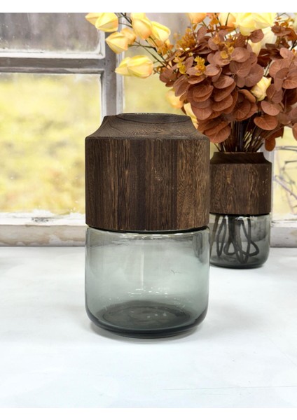 Ahşap Detaylı Cam Vazo 29/17 cm