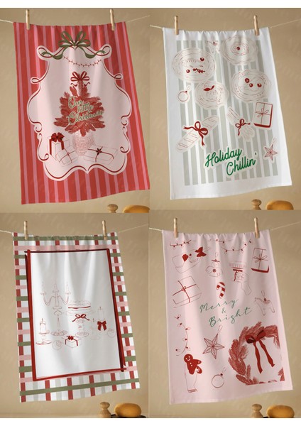 Yılbaşı & Christmas Desenli Tek Taraf Baskılı 4'lü Mutfak Havlusu Kurulama Bezi Seti 60X40 cm