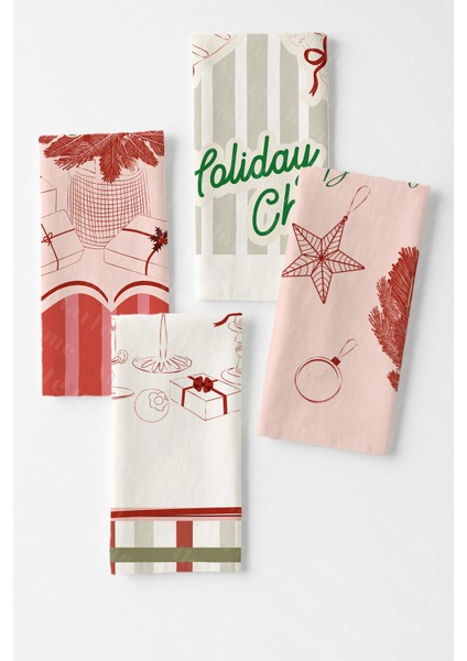 Yılbaşı & Christmas Desenli Tek Taraf Baskılı 4'lü Mutfak Havlusu Kurulama Bezi Seti 60X40 cm