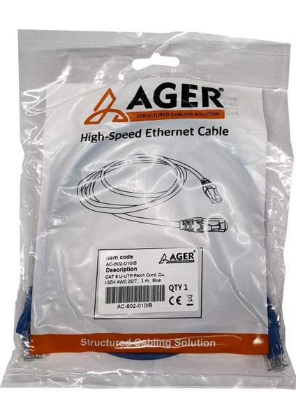AC-602-010 1mt Utp Cat6 Patch Kablo Mavi Cu, Lszh Awg 26/7 fiyatları