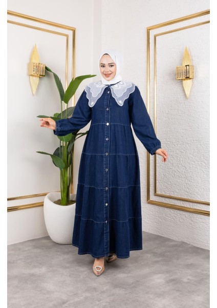Kadın Düğmeli Dantel Yaka Lacivert Kot Elbise