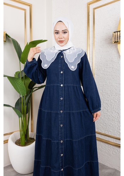 Kadın Düğmeli Dantel Yaka Lacivert Kot Elbise fiyatları