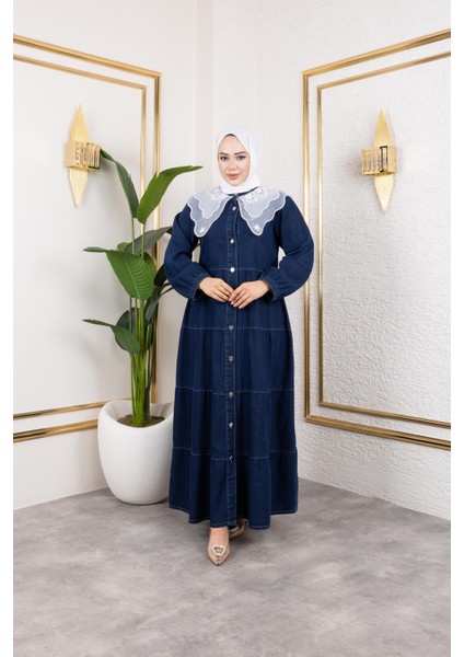Kadın Düğmeli Dantel Yaka Lacivert Kot Elbise modelleri