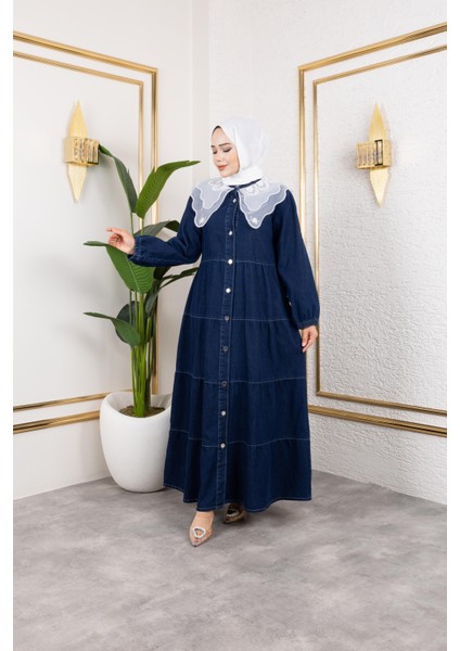 Kadın Düğmeli Dantel Yaka Lacivert Kot Elbise fırsatları