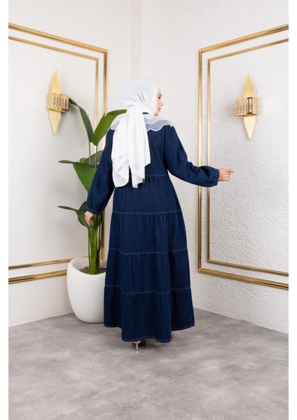 Kadın Düğmeli Dantel Yaka Lacivert Kot Elbise indirimleri