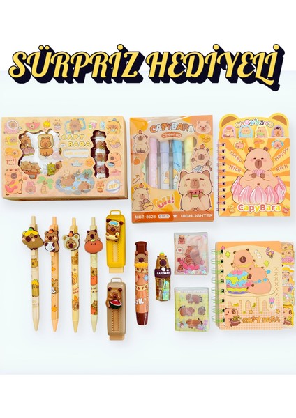 Capybara Kapibara 20 Parça Kırtasiye Seti Sticker Kalemtraş Silgi Etiket Uçlu ve Fosforlu Kalem
