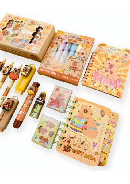 Capybara Kapibara 20 Parça Kırtasiye Seti Sticker Kalemtraş Silgi Etiket Uçlu ve Fosforlu Kalem modelleri