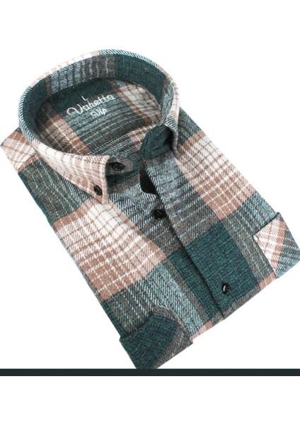 Erkek Yeşil Kalın Kışlık Kareli Oduncu Gömlek – Çift Cepli Geniş Kesim Sonbahar Kış Trend Gömlek