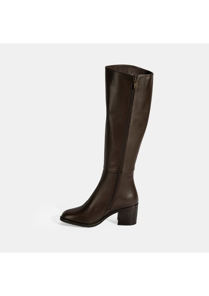 Kadın Kahve Kalın Topuklu Deri Çizme modelleri