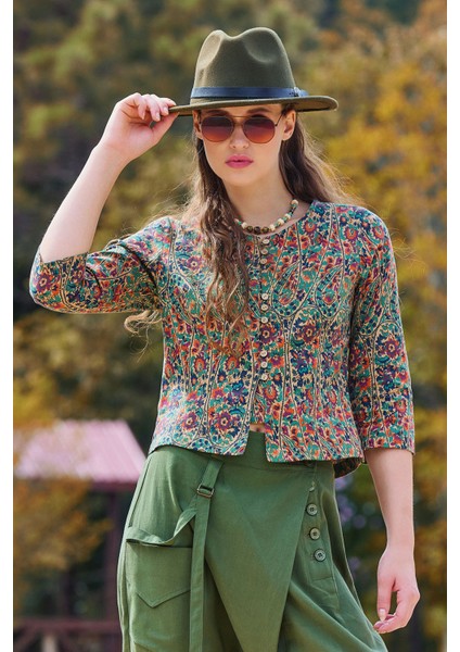 Bisiklet Yaka Yarım Kollu Düğme Detaylı Kışlık Bluz