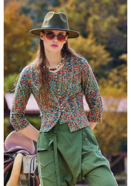 Bisiklet Yaka Yarım Kollu Düğme Detaylı Kışlık Bluz modelleri