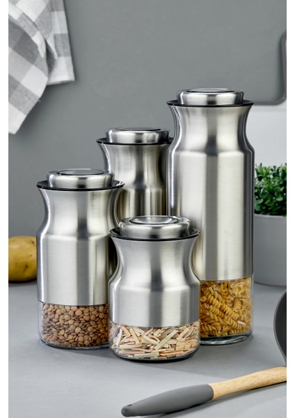 4’lü Paslanmaz Çelik Tuşlu Vakumlu Kavanoz Seti 1800-1500-1300-1000 ml Hava Geçirmez