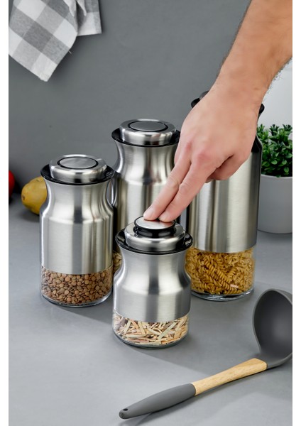 4’lü Paslanmaz Çelik Tuşlu Vakumlu Kavanoz Seti 1800-1500-1300-1000 ml Hava Geçirmez modelleri