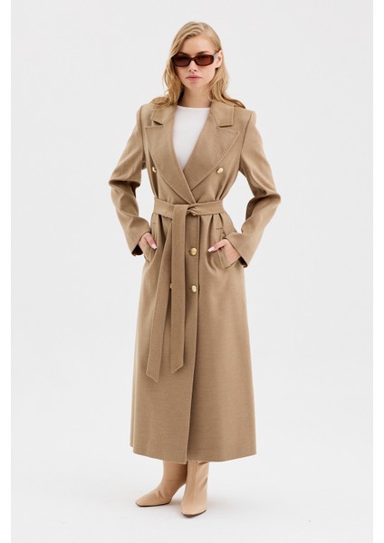 Kadın Kruvaze Kapama Kuşak Detaylı Kaşe Kaban