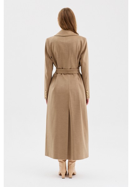 Kadın Kruvaze Kapama Kuşak Detaylı Kaşe Kaban