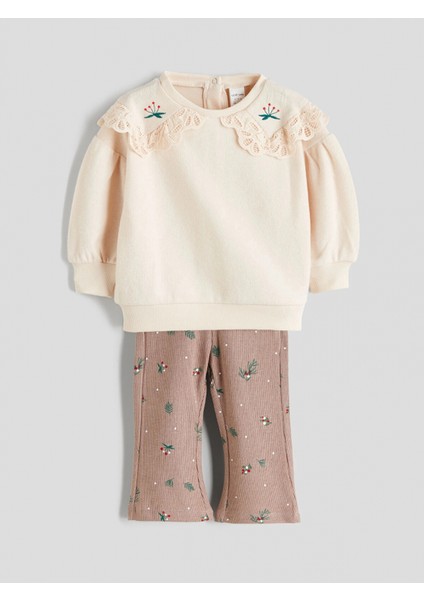 Lcw Baby Bej Bebe Yaka Kız Bebek Sweatshirt ve Tayt Pantolon