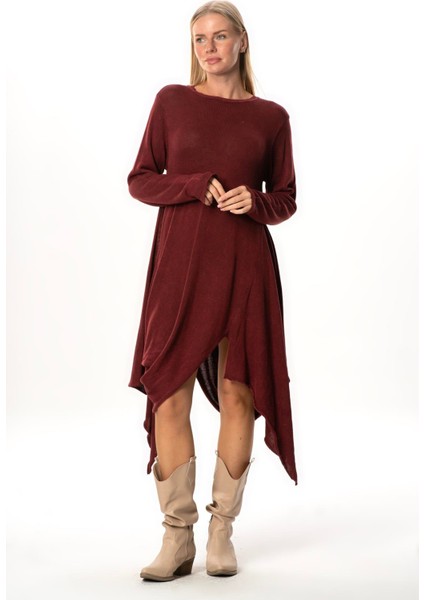 Uzun Kol Handan Asimetrik Kesim Sonbahar ve Kışlık Dökümlü Midi Boy Triko Elbise Bordo Brd