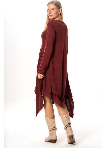 Uzun Kol Handan Asimetrik Kesim Sonbahar ve Kışlık Dökümlü Midi Boy Triko Elbise Bordo Brd fiyatları