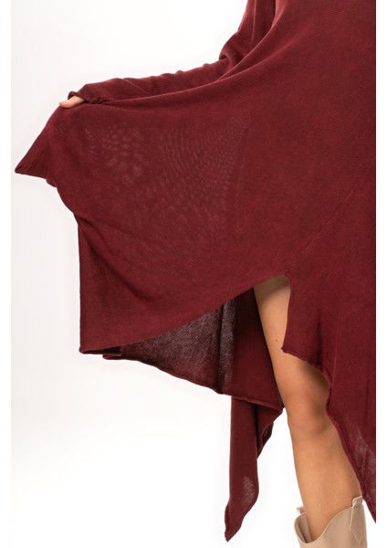 Uzun Kol Handan Asimetrik Kesim Sonbahar ve Kışlık Dökümlü Midi Boy Triko Elbise Bordo Brd modelleri