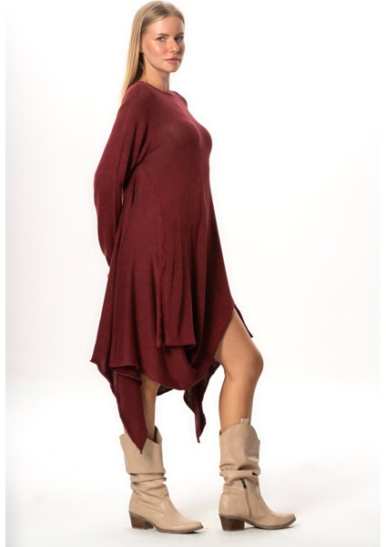 Uzun Kol Handan Asimetrik Kesim Sonbahar ve Kışlık Dökümlü Midi Boy Triko Elbise Bordo Brd fırsatları