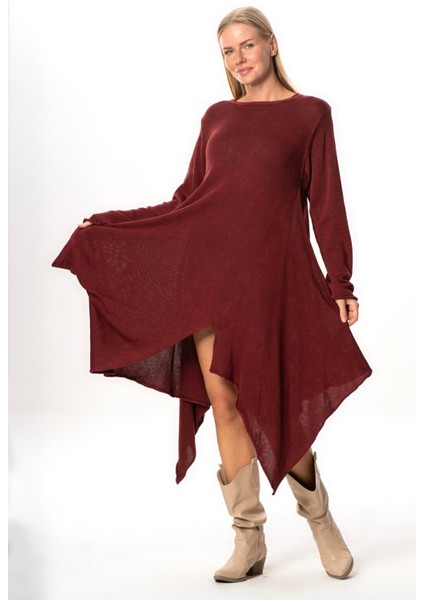 Uzun Kol Handan Asimetrik Kesim Sonbahar ve Kışlık Dökümlü Midi Boy Triko Elbise Bordo Brd indirimleri