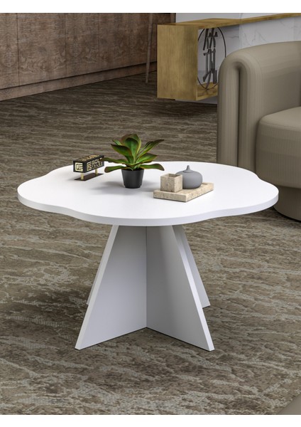 Orta Sehpa Dekoratif Yuvarlak Orta Sehpa Yan Sehpa 70 Çap Çiçek Formlu Beyaz