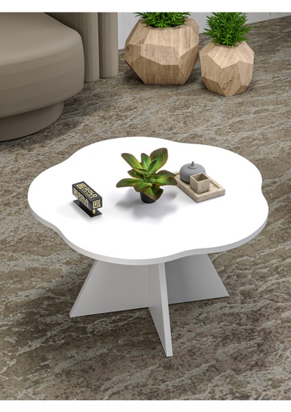 Orta Sehpa Dekoratif Yuvarlak Orta Sehpa Yan Sehpa 70 Çap Çiçek Formlu Beyaz modelleri