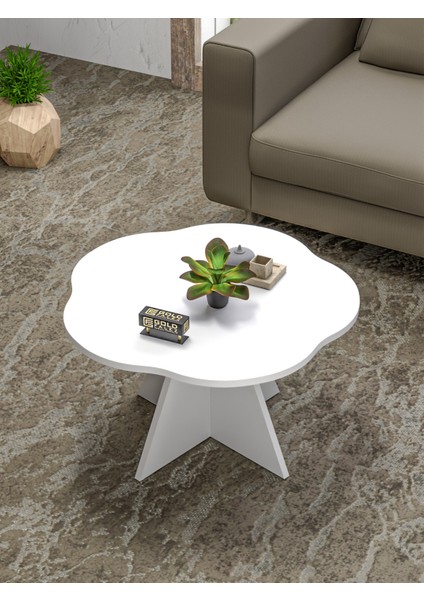 Orta Sehpa Dekoratif Yuvarlak Orta Sehpa Yan Sehpa 70 Çap Çiçek Formlu Beyaz fırsatları