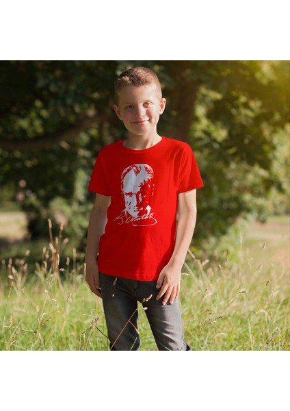 Atatürk Baskılı Tişört - Kırmızı - TS160 - Beden: 11-12 Yaş modelleri