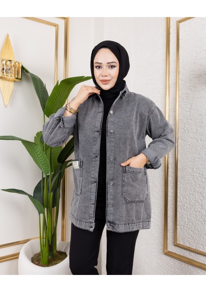 Kadın Cepli Düğmeli Koyu Gri Kot Ceket fiyatları