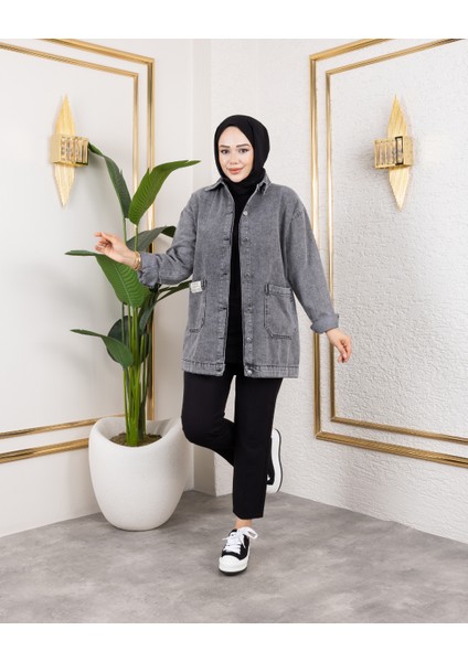 Kadın Cepli Düğmeli Koyu Gri Kot Ceket fırsatları