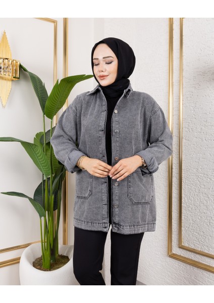 Kadın Cepli Düğmeli Koyu Gri Kot Ceket indirimleri