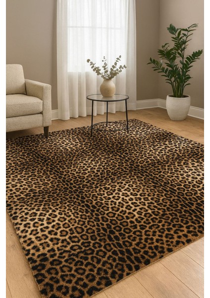 Premium Seri Kahverengi Tavşan Tüyü Leopar Desenli Kaymaz Taban Halı Yolluk