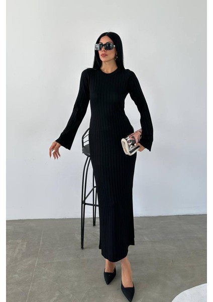 Kadın Uzun Kollu Bisiklet Yaka Uzun Boy Fitilli Merserize Triko Elbise Siyah