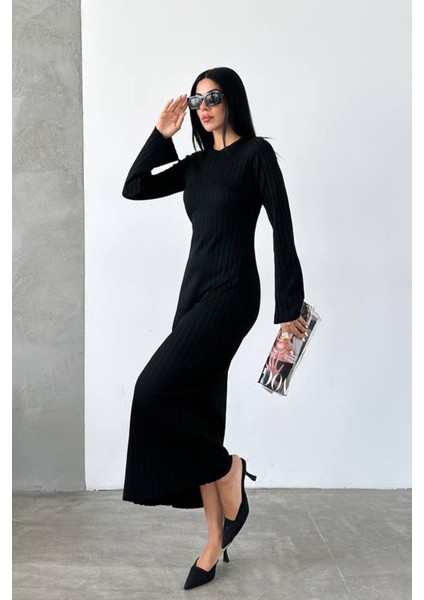 Kadın Uzun Kollu Bisiklet Yaka Uzun Boy Fitilli Merserize Triko Elbise Siyah fiyatları
