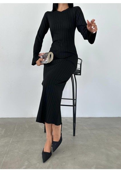 Kadın Uzun Kollu Bisiklet Yaka Uzun Boy Fitilli Merserize Triko Elbise Siyah modelleri