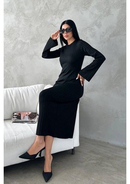 Kadın Uzun Kollu Bisiklet Yaka Uzun Boy Fitilli Merserize Triko Elbise Siyah fırsatları