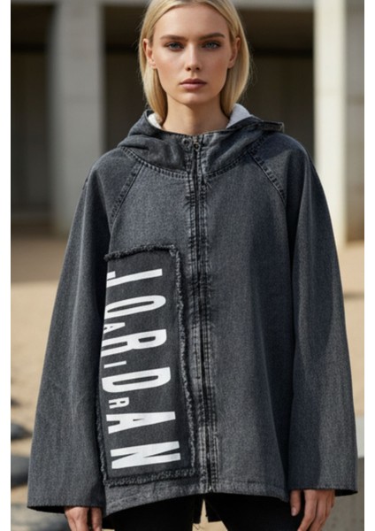 Kadın Antrasit Uzun Kollu Kapüşonlu Içi Peluşlu Fermuarlı Oversize Jean Ceket – Kadın Mont
