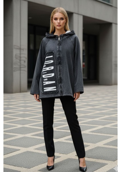 Kadın Antrasit Uzun Kollu Kapüşonlu Içi Peluşlu Fermuarlı Oversize Jean Ceket – Kadın Mont fiyatları