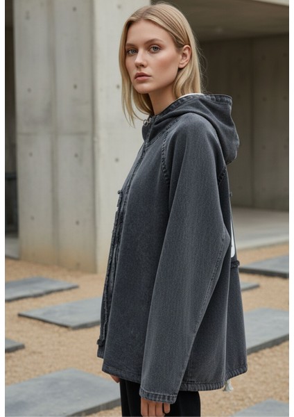 Kadın Antrasit Uzun Kollu Kapüşonlu Içi Peluşlu Fermuarlı Oversize Jean Ceket – Kadın Mont modelleri