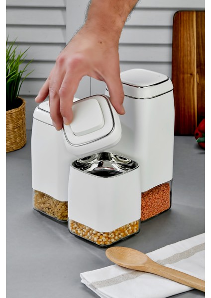 3’lü Tuşlu Vakumlu Kavanoz Seti 1800 ml – 1500 ml – 1300 ml Hava Geçirmez Saklama Kabı modelleri