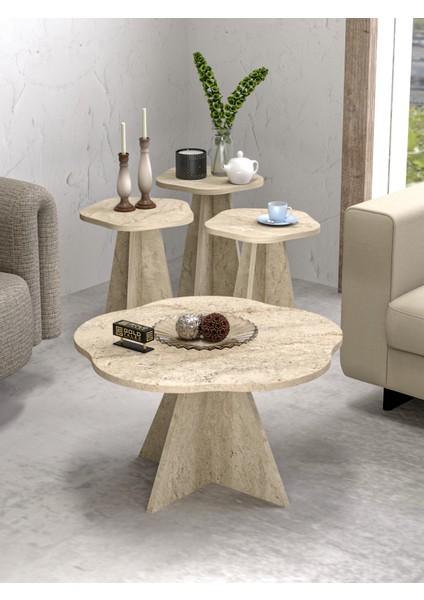 Orta Sehpa ve Zigon Sehpa 4 Lü Set Dekoratif Yuvarlak Sehpa Yan Sehpa Masa Çiçek Formlu Traverten