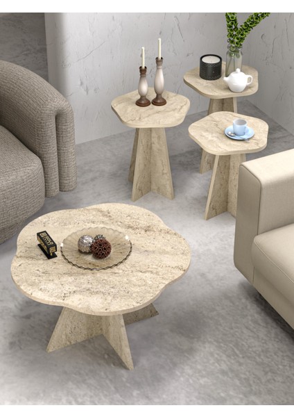 Orta Sehpa ve Zigon Sehpa 4 Lü Set Dekoratif Yuvarlak Sehpa Yan Sehpa Masa Çiçek Formlu Traverten indirimleri