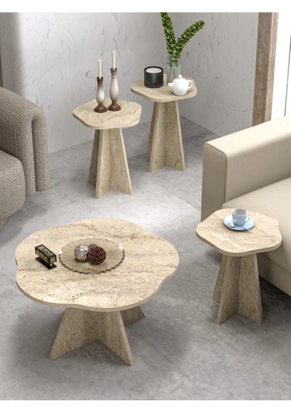 Orta Sehpa ve Zigon Sehpa 4 Lü Set Dekoratif Yuvarlak Sehpa Yan Sehpa Masa Çiçek Formlu Traverten