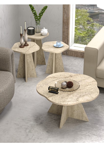 Orta Sehpa ve Zigon Sehpa 4 Lü Set Dekoratif Yuvarlak Sehpa Yan Sehpa Masa Çiçek Formlu Traverten