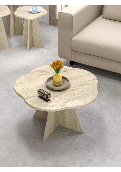 Orta Sehpa Dekoratif Yuvarlak Orta Sehpa Yan Sehpa 70 Çap Çiçek Formlu Traverten