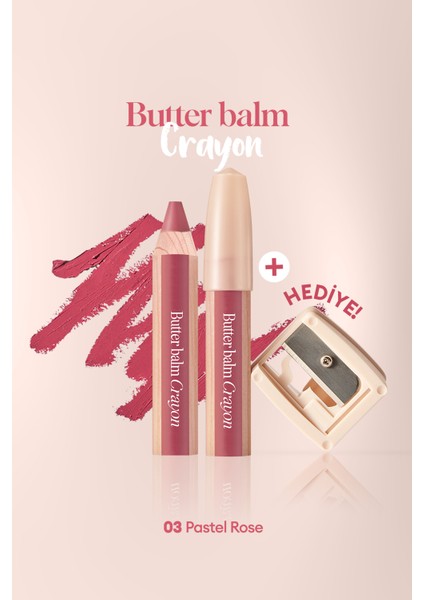 Kremsi, Kalem Şeklinde Renkli Dudak Balmı & Kalemtıraş CLIO Butter Balm Crayon 003 Pastel Rose